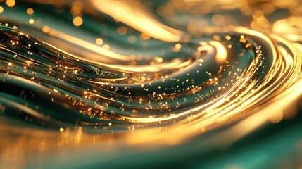 Abstract stream of golden light particles and waves flowing over a rich emerald green background, symbolizing data transfer, connectivity, and technological advancement with glowing energy