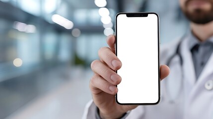 Doctor standing in a hospital and showing a smartphone with a blank white screen, offering a clear space for digital healthcare, telehealth, or medical application content