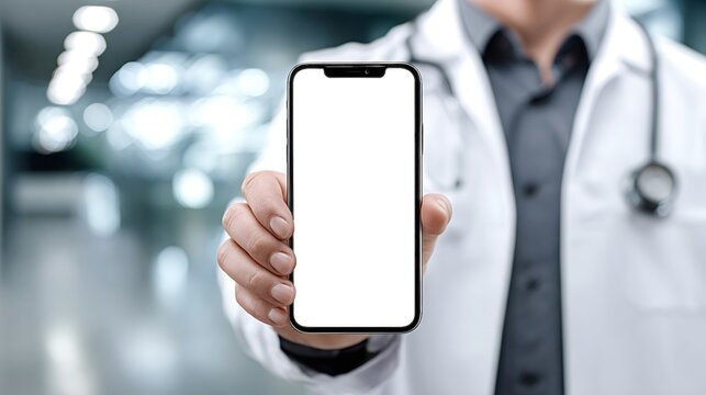 Doctor in white coat holding a smartphone with empty white screen, perfect for showcasing telehealth, medical applications, or digital healthcare solutions with space for graphic overlays - Powered by Adobe