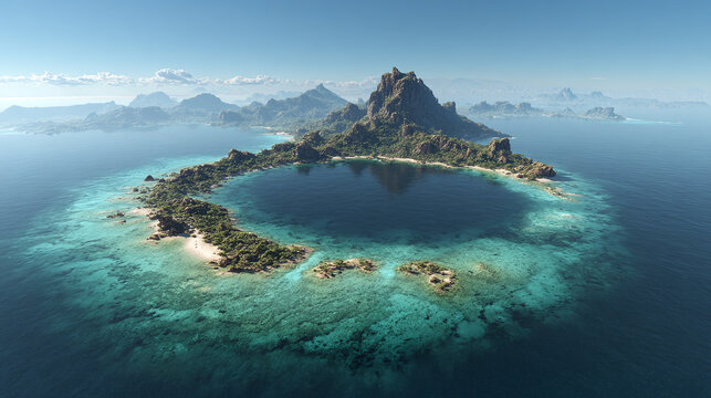A stunning tropical island paradise featuring a mountain and clear blue water. The island is surrounded by a coral reef and lush greenery