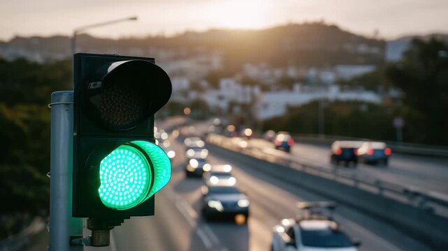 204Close-up of a traffic light during golden hour, yellow signal illuminated, warm sunlight casting soft highlights on the frame, urban street and distant vehicles slightly blurred, h