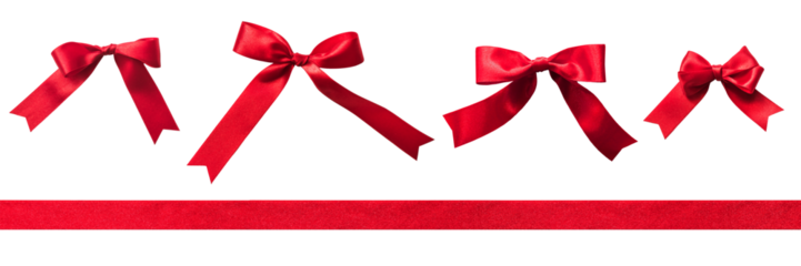 Red tied bow satin ribbon stripe tape set, png isolated on transparent background for Christmas holiday and wedding anniversary card design decoration ornament