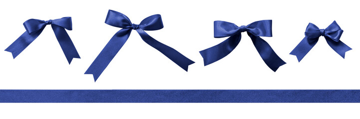 Blue tied bow, dark blue navy color  satin ribbon stripe tape set, png  isolated on transparent background for gift box, greeting card design decoration ornament