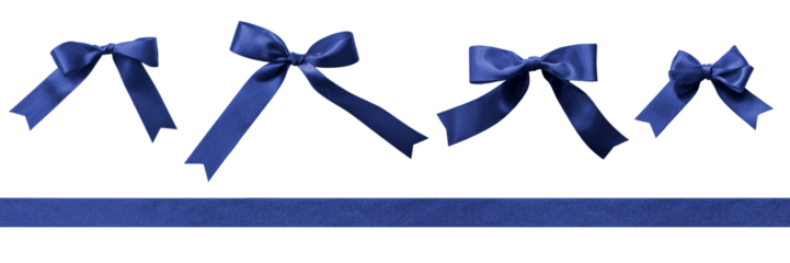 Blue tied bow, dark blue navy color  satin ribbon stripe tape set, png  isolated on transparent background for gift box, greeting card design decoration ornament
