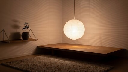 Minimalist Interior Design - A Tranquil Scene with a Hanging Orb Light and Wooden Table.