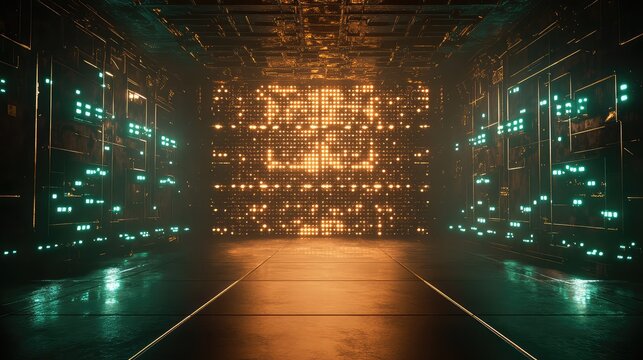 Server room featuring illuminated walls with abstract digital data patterns and glowing circuit lights, creating a high tech and futuristic atmosphere for data processing - Powered by Adobe