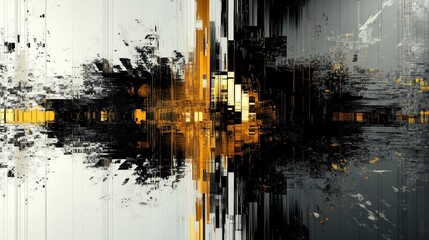 Abstract digital composition creating an explosion of pixelated black shapes and lines on a fading background, centered around bright golden highlights