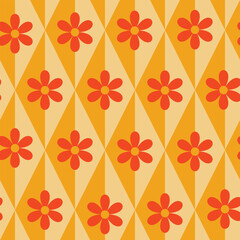 Retro  mod orange daisy flowers seamless pattern on split diamonds in mustard yellow and cream. For fabric, textile, wallpaper and home d&eacute;cor