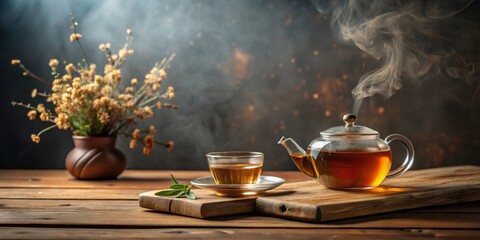 Aromatic Tea Brewing in Glass Teapot and Cup on Wooden Surface with Dried Flowers