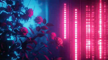Dark roses and foliage lit by magenta and cyan neon streams, blending floral texture with cyberpunk glow for a vibrant, futuristic botanical contrast