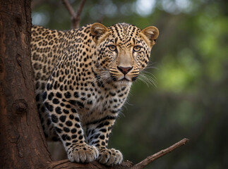Fototapeta premium Portrait of African leopard on tree