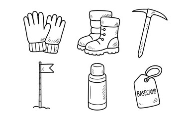 Doodle icons for mountain climbing and winter adventure gear