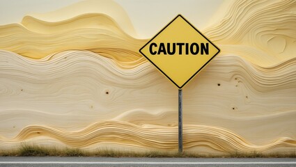 A caution sign stands prominently against a textured wooden backdrop, conveying an atmosphere of alertness and safety awareness
