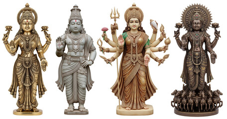 Detailed set of golden and bronze Hindu goddesses including multi-armed Durga and Lakshmi standing on lotus pedestals.