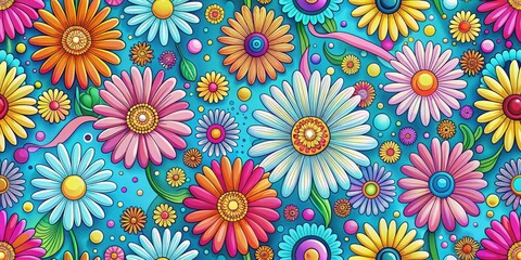 Vibrant Floral Delight A Psychedelic Tapestry of Colorful Blossoms on a Vivid Blue Background