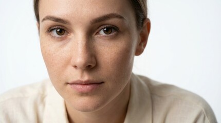 Fototapeta premium Close-Up Portrait of Fair-Skinned Caucasian Woman with Natural Beauty and Soft Studio Lighting