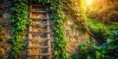 Rustic Wooden Ladder Leaning Against a Stone Wall Covered in Lush Green Vines Bathed in Warm Sunlight