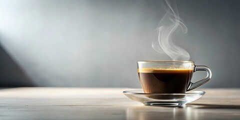 Aromatic Dark Roast Coffee in a Clear Glass Cup on a Saucer, Steam Rising, Light Background