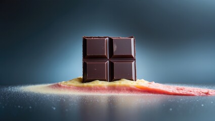 Close-up of dark chocolate square placed on a swirl of peach puree with scattered sugar, creating a luxurious dessert scene
