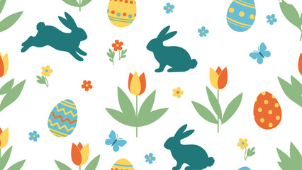 A vibrant seamless pattern featuring teal Easter bunnies, colorful decorated eggs, yellow and orange tulips, and blue butterflies on a white background, perfect for spring holiday designs.