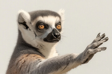 Obraz premium Ring-tailed lemur with bright orange eyes raises its hand against a soft blue sky. expressive orange eyes while extending a paw forward.