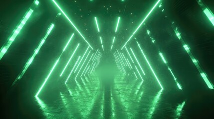 Abstract shimmering green light corridor forming a triangular structure, reflecting on a wet floor, evoking a digital, futuristic, and technological environment