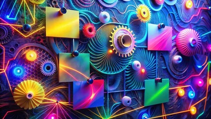 Abstract Vibrant Composition Featuring Interconnected Gears, Neon Lights, and Colorful Notes on a Dark Background