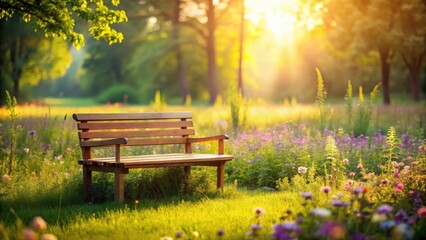 Serene Sunset Vista Wooden Bench in a Vibrant Meadow of Blossoming Flowers Bathed in Golden Hour Sunlight