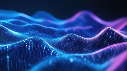 Abstract digital wave pattern showing a fluid surface constructed from millions of glowing blue and purple particles, symbolizing data flow, technology, and advanced science concepts