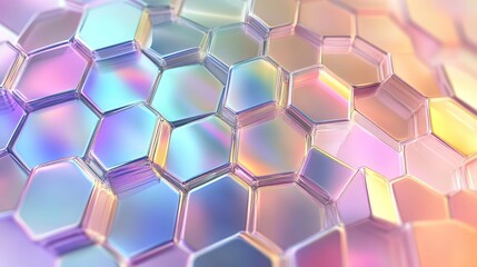 Iridescent hexagonal shapes forming a vibrant geometric pattern, reflecting soft pastel colors and creating a futuristic abstract background with a sense of depth and connection
