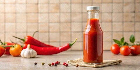 A glass bottle of vibrant red hot sauce rests on a burlap napkin, surrounded by fresh red chili peppers, ripe tomatoes, and garlic cloves, peppercorns scattered nearby.