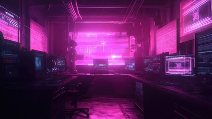 Dark futuristic control room illuminating with glowing pink neon lights, featuring multiple computer monitors showing abstract user interfaces, coding, and big data analysis