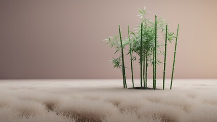 A cluster of green bamboo stalks standing gracefully on a textured sandy surface, surrounded by soft, neutral tones, creating a serene atmosphere
