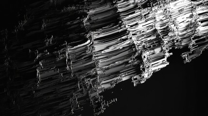 Abstract digital rendering creating a complex, textured surface with many layered blocks and horizontal lines contrasting sharply in a grayscale monochrome palette across a dark background
