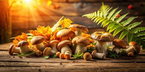 A cluster of autumnal mushrooms nestled amongst vibrant foliage, bathed in the warm glow of sunlight on a rustic wooden surface.