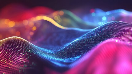 Energetic glowing particles forming a dynamic abstract wave background, representing flowing digital data, technological connections, and the complex structure of networks