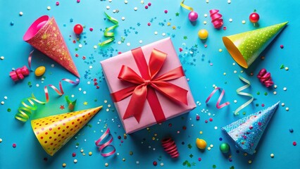 Festive Celebration A Gift Wrapped with a Vibrant Red Bow Surrounded by Colorful Party Hats and Confetti on a Bright Blue Background