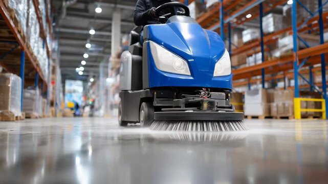 223Detailed close-up of floor cleaning machine in motion, brushes, rollers, and water spray highlighted, polished warehouse floor reflecting overhead lights and equipment, showing ind