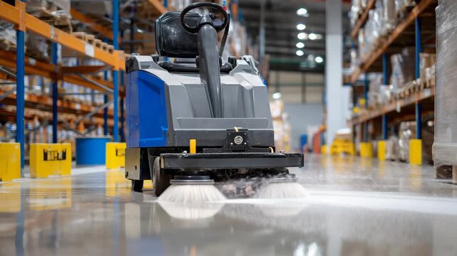 224Detailed close-up of floor cleaning machine in motion, brushes, rollers, and water spray highlighted, polished warehouse floor reflecting overhead lights and equipment, showing ind