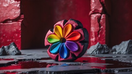 Colorful flower-shaped object with rainbow petals on a dark surface against a red background