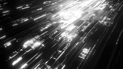 Futuristic abstract background featuring glowing lines and geometric shapes representing data flow, network connections, and technological advancement in a monochrome digital landscape