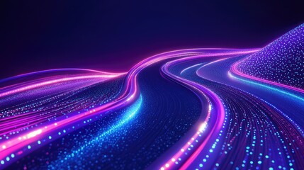 Abstract glowing lines and light particles are weaving along a winding path. Representing dynamic data transfer. High speed connectivity. And the flow of information in modern technology environments