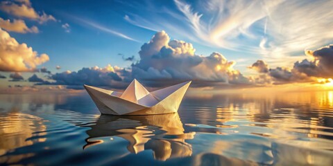 A solitary paper boat floats serenely on calm waters, reflecting a breathtaking sunset and fluffy clouds