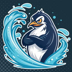 An illustration of a tough-looking penguin with its arms crossed, standing in a dynamic wave of water, against a dark, speckled background. The style is graphic and bold. © ARESVOID