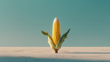 A close-up view of a yellow corn on the cob with green leaves against a light blue background, showcasing its natural freshness and simplicity