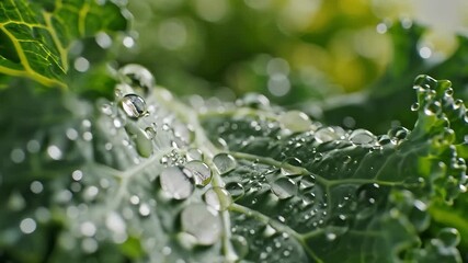 Vibrant green kale leaves glistening with fresh water droplets showcasing the healthy and organic texture of this nutritious superfood vegetable perfect for a clean eating lifestyle and wholesome cul.