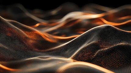 Abstract network of glowing orange dots forming undulating waves and a futuristic landscape, representing digital data flow, technology, and connectivity