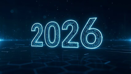 Digital glowing futuristic year 2026 text on dark blue technological background