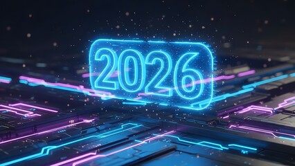 Glowing blue neon number 2026 on futuristic digital circuit board background