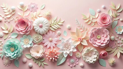 Pastel Paper Flowers Arranged on a Pink Background A Delicate and Elegant Floral Composition